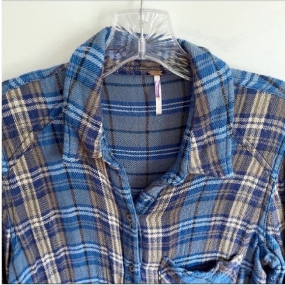 Free People Joplin shirt blue plaid button down flannel long sleeves - Picture 6 of 9